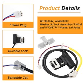 W11307244 W10682535 Washer Lid Lock Assembly (3 Wire) and W10837741 Washer Lid Strike, Fit for Whirlpool Kenmore Crosley Maytag Amana Washing Machine, Fit Model WTW5000DW1 NTW4516FW0 WTW4955HW1