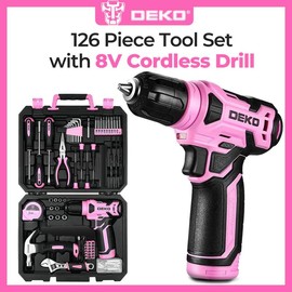 DEKO 8V Pink Cordless Tool Set | 126-Piece All-In-One DIY Kit For Home Use, Includes Power Wrench And Portable Toolbox, USB-C Rechargeable, Lightweight And Practical – Ideal For Home Repairs, Workshop Use, And Various DIY Project Enthusiasts. - Color: Gr
