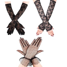 3 pairs of Women's Lace gloves Short Lace gloves Women's Black Vintage Elegant Lace Floral Gloves Ceremony Summer Gloves Wedding, Dinner, Tea Party Lace Gloves Elbow Length Vintage elegant gloves