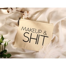 Funny Canvas Makeup Bag, Large Canvas Cosmetic Bag (9.5 x 8 inch, Beige), Makeup Zipper Pouch Toiletry Travel Bag, Premium Cotton Makeup Bag for Birthday Gift Wedding Party Gift