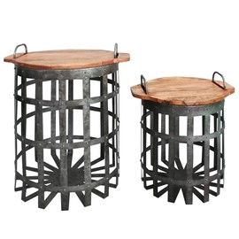 Benjara Industrial Grid Galvanized Accent End Table with Round Lid and Handles, Set of 2, Gray and Brown