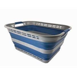 SAMMART 42L (11 gallons) Collapsible Plastic Laundry Basket - Portable Pop Up Storage Container/Organizer - Portable Hamper - Space Saving Easy Storage (Grey/Mist Blue)