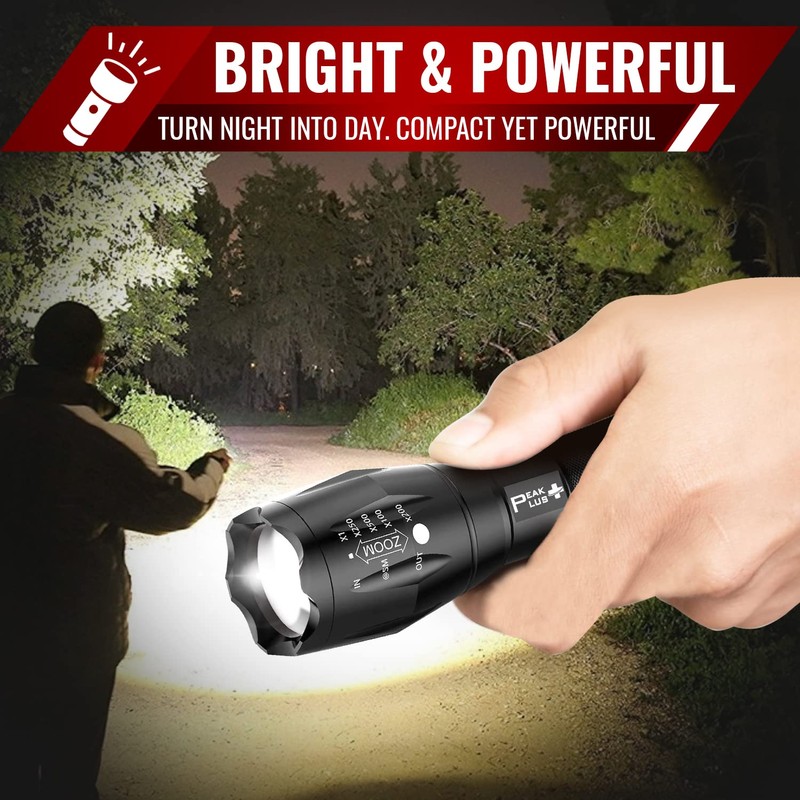 PeakPlus LED Tactical Flashlights High Lumens, Zoomable, 5 Modes Bright