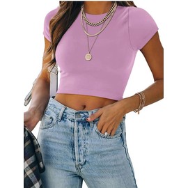 Women's Summer Cute Short Sleeve High Neck Double Lined Tight Casual Basic T Shirts Yoga Crop Tops Tees Violet Large