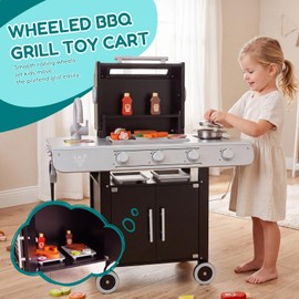 EDUBEBO Realistic Kids Wooden BBQ Grill Playset - Toddler Play Grill Station for Indoor & Outdoor, Pretend Play Toy Grill for Kids Ages 3-8, Wooden Kitchen Cooking Toy with Toy Food & Grilling Tools