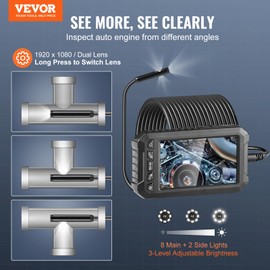 VEVOR Endoscope Camera with Light, Triple Lens Borescope with 49.2FT Semi-Rigid Cable, 5" Screen 1080P Inspection Camera, 8 + 2 LED Lights, IP67 Waterproof Snake Cameras for Auto, Plumbing (32GB Card)