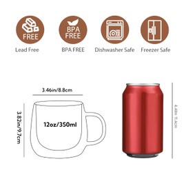 CNGLASS 12oz Double Walled Glass Coffee Mugs(4-pack),Large Clear Coffee Cups with Handle,Glass Espresso Mugs for Latte,Cappuccino,Tea