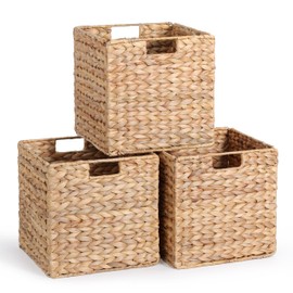 12 x 12 x 12in Water Hyacinth Storage Baskets, Wicker Storage Baskets for Shelves, Foldable Square Baskets for IKEA Kallax Set of 3, Large Cubby Rattan Basket, Kitchen Storage Baskets