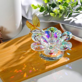 Crystal Flower with Yellow Hummingbird Figurine, Glass Floral Collectible Decor Paperweight with Rotatable Base Romantic Gifts for Women Valentines Anniversary Ornaments