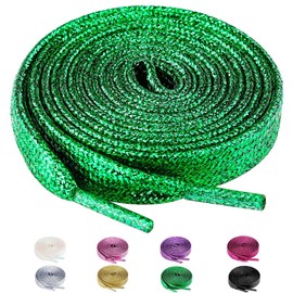 Olukssck [2 Pairs] Flat Glitter Shiny Metallic Shoe Laces for Sneakers, 2/5" Wide Sequin Athletic Shoelaces Dark Green 47 inch(120cm)