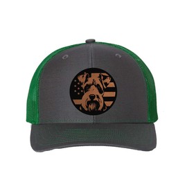 Schnauzer Dog Patriotic Design Laser Engraved Leather Patch Richardson 112 Snapback Trucker Cap Charcoal/Kelly