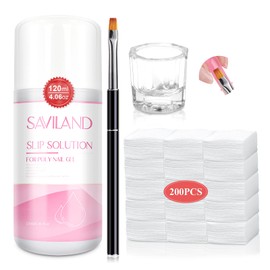 Saviland Slip Solution Kit - 120ML Anti-Stick Slip Solution for Poly Gel Nails & Builder Nail Gel with Nail Art Brush 200pcs Cleaning Pads Dappen Dish, Removing Sticky Layer of Gel & Cleaning Brush
