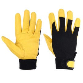 MECCANIXITY Goatskin Leather Work Gloves with Hook and Loop, Breathable Driver Gloves Garden Glove for Driving, Gardening, Welding, Construction, Yellow, M, Pair of 2