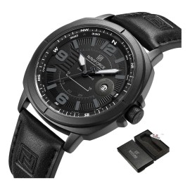 Reloj De Cuarzo Para Hombre Naviforce Deporte Cuero Casual,Impermeable a 30 metros,Fecha,Bisel Negro,Correa negra,Fondo negro,NF8078