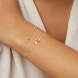 Tewiky Initial Heart Gold Bracelets for Women Trendy,Dainty 14K Gold Plated Zircon Letter Charm Bracelet Cute Simple Stack Beaded Chain Bracelets Jewelry for Women Gift, 6.5+2 inch, Brass, no gemstone