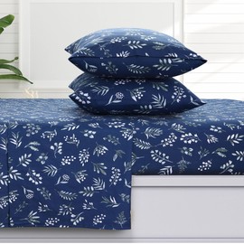 Tribeca Living Eva Floral Flannel Twin Sheet Set, Super Soft 100% Cotton, Extra Deep Pockets, Dark Blue
