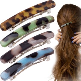 STSTR 4PCS French Barrette Hair Clips for Women, 2.48 Inch Small Tortoise Shell Hair Clip, Curved Glossy Thin Hair Flat Hair Accessories for Women - Leopard Color, Green, Blue, Grey