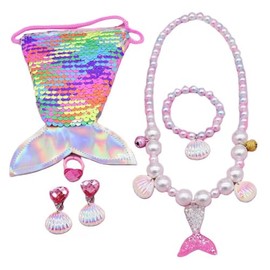 Mermaid Dress Up Accessories Set, 5-Piece Girls Jewellery Set with Sequin Bag, Pearl Necklace, Ring, Earrings and Bracelet, Pink