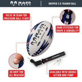 Ram Rugby Gripper 2.0 Pro Trainer Rugby Ball - Hand-stitched - 3-Ply Construction - Hi-tech Bladder - Precision Flight Valve - 3D Grip For Ultimate Passing And Catching Control (Sizes 5, 4 & 3)
