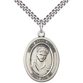 Mens .925 Sterling Silver Saint Carlo Acutis Medal Pendant on 24 Inch Rhodium Plated Heavy Curb Brass Chain with Lobster Claw Clasp, Catholic Religious Necklace -Made in USA-Velvet Gift Box