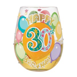 Enesco Lolita Designs Happy 30th Birthday Hand-Painted Artisan Stemless Wine Glass, 20 Ounce, Multicolor
