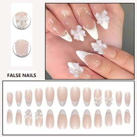 24pcs Almond False Nails - French Tips Stick on Nails - French Pearl Bow Press on Nails with Glue - Removable Glue-on Nails Women Brides Nail Art Accessories