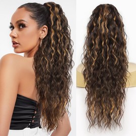 Rosooi 26 Inch Long Brown with Caramel Blonde Drawstring Ponytail Extension for Women Synthetic Long Curly Wavy Clip in Ponytail Hair Extensions for Daily Party Use