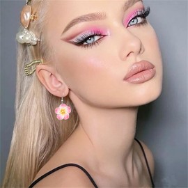 Dreuyet Colorful Plumeria Rubra Necklace Earrings Set for Women Elegant Hawaiian Style Flower Necklaces Bohemia Tropical Flower Dangle Earrings Luau Beach Party Accessories (pink)