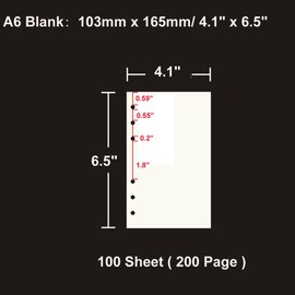 A6 Blank Refill Paper 6 Hole Punched Filler Paper Refills for A6 Loose Leaf Notebook Travel Journal Personal Diary Planner Binder, 80 Sheet, 160 Page, 4.1 Inches x 6.5 Inches