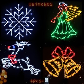 TRWYMZ Christmas Decorations - 16" Christmas Window Silhouette Lights - 4 Pack Colour Lighted Snowflake & Angel & Reindeer & Bell for Holiday Indoor and Outdoor Wall Door Window Decorate