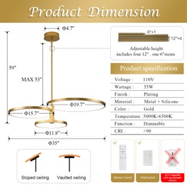 AIRYPHANT LED Ring Chandelier Modern Gold Chandellier for Dining Room 3-Light Dimmable Pendant Light Kitchen Island Contemporary Flush Mount Chandelier for Bedroom Living Room Dining Table Closet