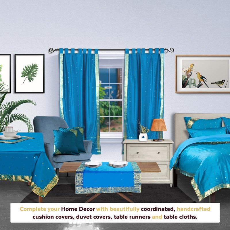 Indian Selections Turquoise Tab Top Sheer Sari Curtain/Drape/Panel - 43W