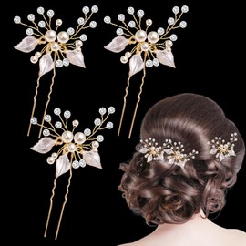 BOOMTOP 3pcs Wedding Hair Pins Flowers Bridal Hair Clips Shell Petals Wedding Hair Accessories Communion Rhinestone Pearls Bridal Hair Rose Gold Glitter Hair Clips for Women Girls