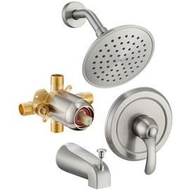 Tub Shower Faucet Set with Valve, 6-Inch Shower Head and Handle Set Brushed Nickel, Single-Handle Tub and Shower Trim Kit with Touch-Clean Rain Shower Head and Tub Spout