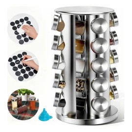 Especiero Giratorio, 20 Frascos De Cristal Para Especias Plateado
