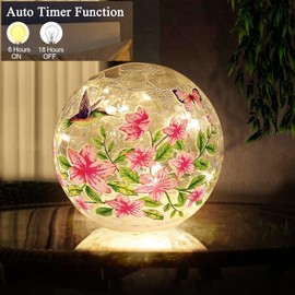 Elegant Birds and Butterflies Glass Table Lamp with Timer (6 Hour ON, 18 Hour OFF) - Battery Powered Soft LED Night Light - Kids Lamp, Home Decor Accent