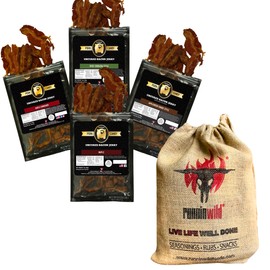 Bacon Jerky Gift Basket for Men | Bacon Jerky Variety Pack of Maple Bacon, Applewood Smoke, Spicy Sriracha & Maple Cinnamon – Packed into Unique Runnin Wild Burlap Bag | Gifts for Dad