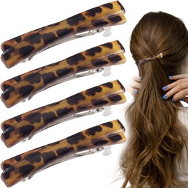 STSTR 4PCS French Barrette Hair Clips for Women, 2.56 Inch Small Tortoise Shell Hair Clip, Curved Glossy Thin Hair Flat Hair Accessories for Women (Leopard Color)