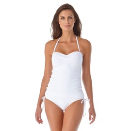 Anne Cole Women's Solid Twist Front Shirred Bandeau Tankini Swim Top, White, Small