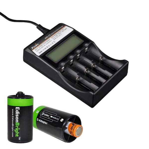 Fenix are-C2 Four Bays Li-ion/Ni-MH Advanced Universal Smart Battery Charger with Two Edisonbright AA->D Battery Spacer Shells