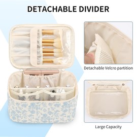 Travel Makeup Bag, Portable Cosmetic Bag with Makeup Brushes Organiser Large Capacity Toiletry Bags Holiday Essentials for Women, Blue Flower