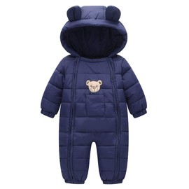 Baby Snowsuit Hooded Romper Winter Outfits Cartoon Bear Boys Girls Jumpsuit Navy 6-12 Months