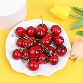 DPWOUM 20Pcs Red Artificial Cherries, Fake Cherry Model Lifelike Fruit Cherry Ornament, Fake Fruit Model for Party Home Kitchen Decoration Photography Prop, Fake Cherries, Plastic Cherries
