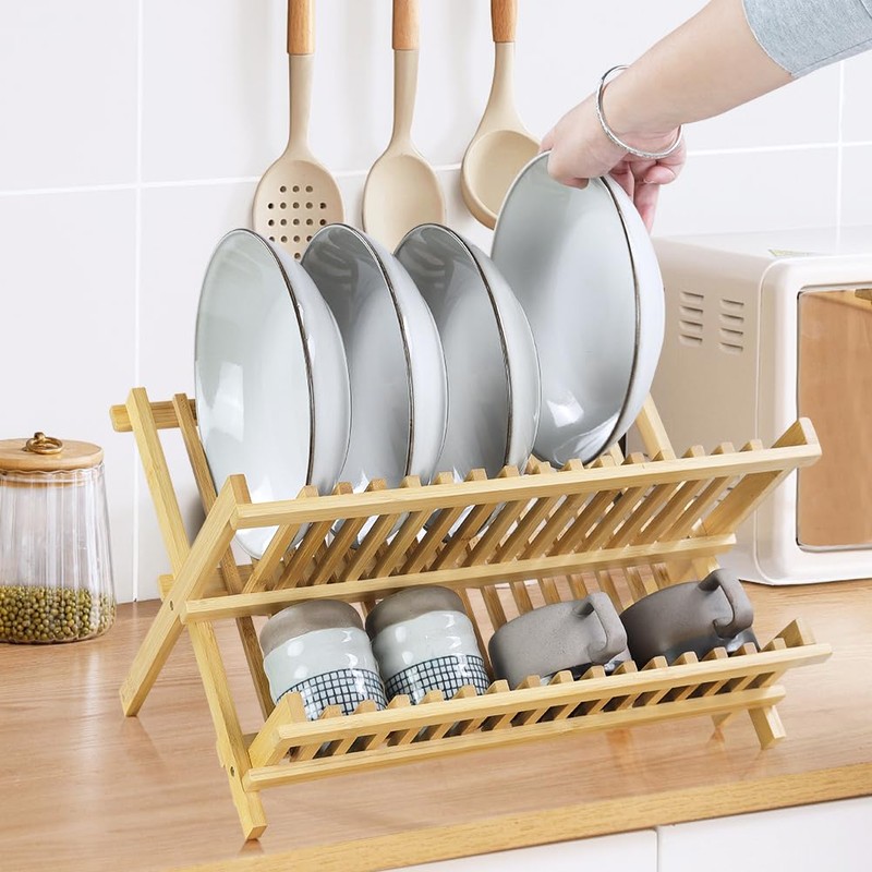 KKTONER Bamboo Dish Drying Rack 2 Tier Foldable Plate Organizer