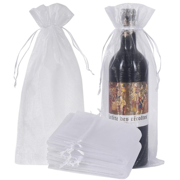 HRX Package 30pcs White Organza Wine Bags, Sheer Mesh Wine Gift Pouches Bottle Covers Dresses Drawstring for Christmas
