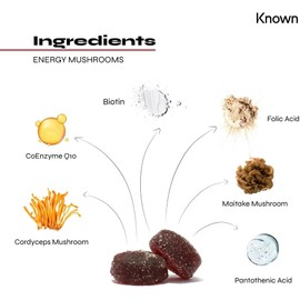 Known Tasty Energy Mushrooms Gummies - B Vitamins & Cordyceps - Energy & Fatigue - Natural Mixed Berry Flavour - 60 Vegan Gummies, 1 Month Supply