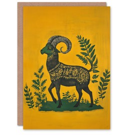 Artery8 Greeting Card Decorated Goat Spirit Yellow Green Folk Art Blank For Him Or Her Art Birthday Card
