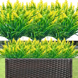 DRT DERUITAI 8 Bundles Outdoor Artificial Flowers Plants Plastic Lavender UV Resistant Fake Faux Monkey Grass for Home Outside Indoor Decor(Yellow)