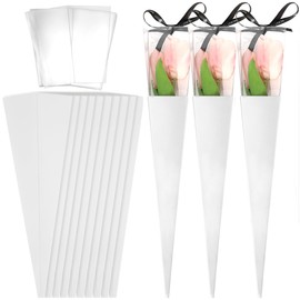 LNQ LUNIQI 10Pcs Boxes Bouquet Gift Box Cone Flower Bouquet Wrapping Paper Single Rose Packaging Bag for Valentines Day Mothers Day Wedding Birthday(White)