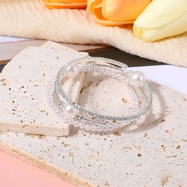 Ymapinc Pearl Bracelets for Women Silver, Stretch Bracelets for Girls Stackable Three Layer Bracelet with Pearls and Rhinestones Exquisite Jewelry Decoration